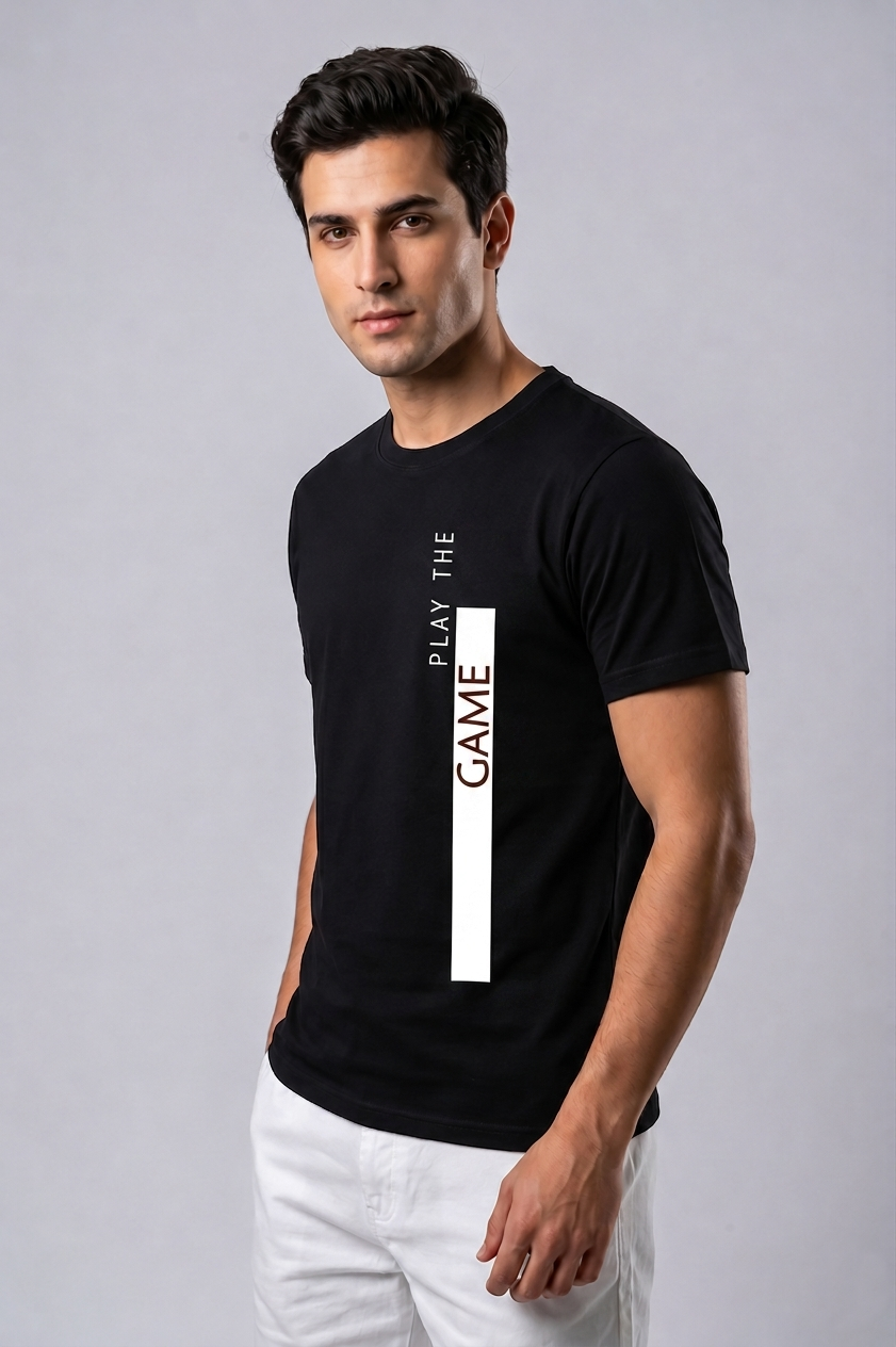 Attire Hub Mens Pure Cotton Black Play The Game Printed Round T-Shirt