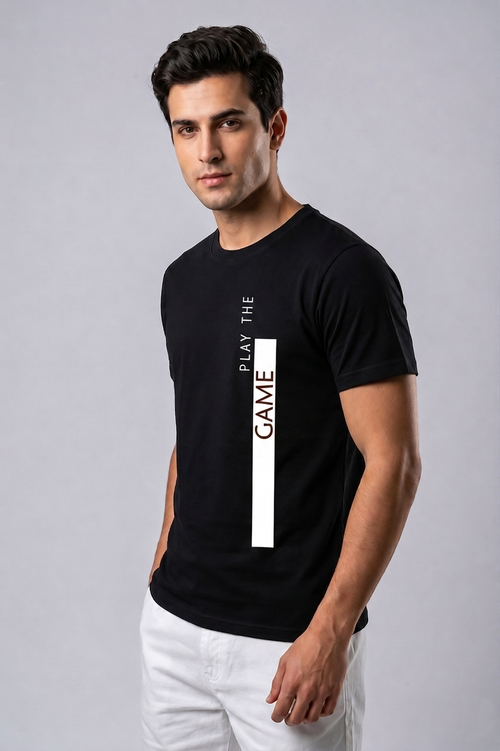 Attire Hub Mens Pure Cotton Black Play The Game Printed Round T-Shirt