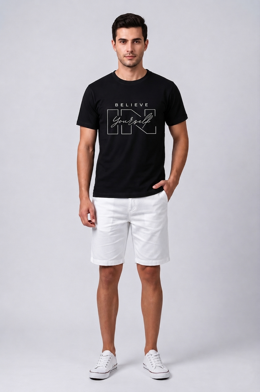 Attire Hub Mens Pure Cotton Black Believe In Yourself Printed Round T-Shirt