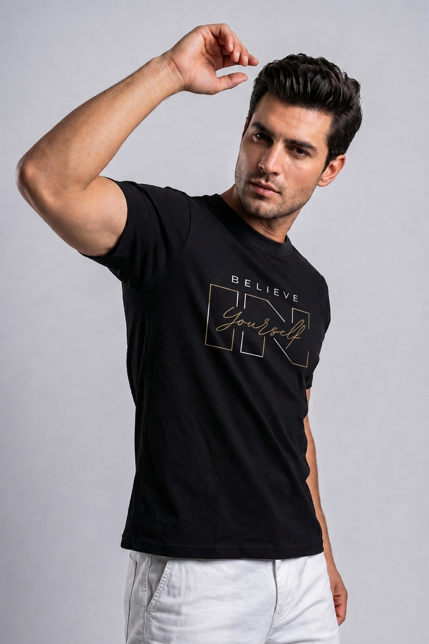 Attire Hub Mens Pure Cotton Black Believe In Yourself Printed Round T-Shirt