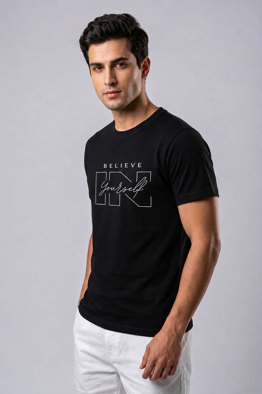 Attire Hub Mens Pure Cotton Black Believe In Yourself Printed Round T-Shirt