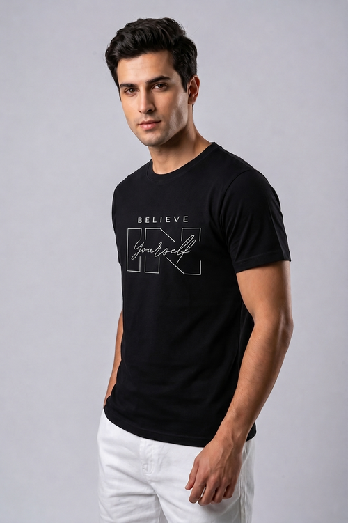 Attire Hub Mens Pure Cotton Black Believe In Yourself Printed Round T-Shirt