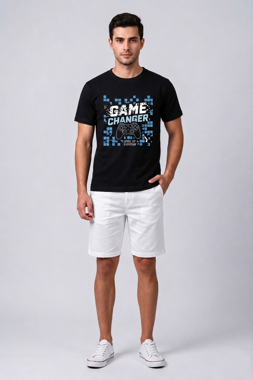 Attire Hub Mens Pure Cotton Black Game Changer Printed Round T-Shirt