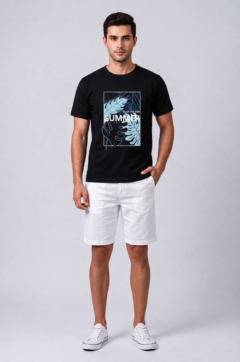 Attire Hub Mens Pure Cotton Black Enjoy The Summer Printed Round T-Shirt