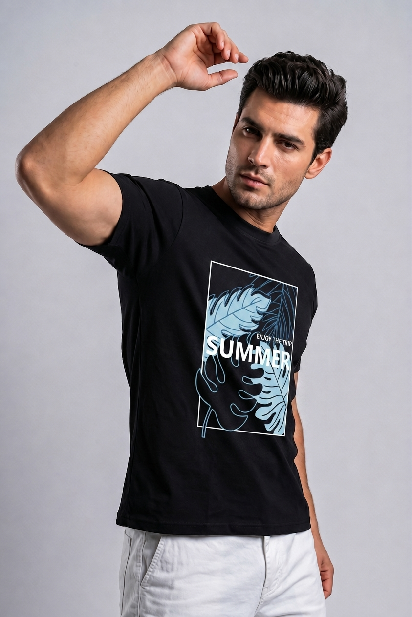 Attire Hub Mens Pure Cotton Black Enjoy The Summer Printed Round T-Shirt