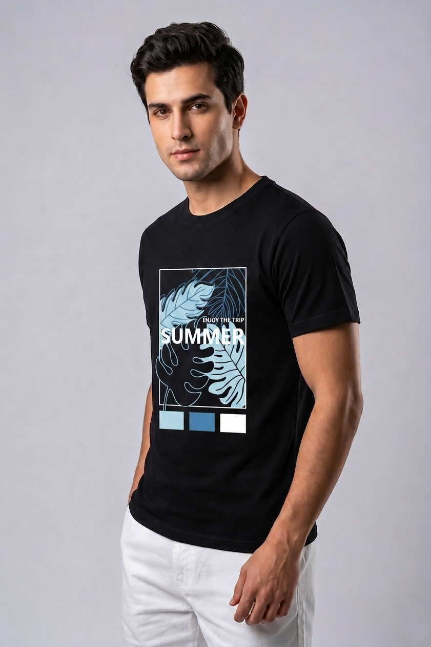 Attire Hub Mens Pure Cotton Black Enjoy The Summer Printed Round T-Shirt