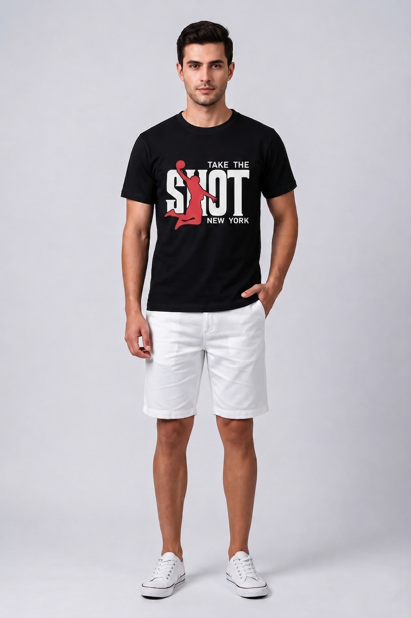 Attire Hub Mens Pure Cotton Black Take The Shot Printed Round T-Shirt