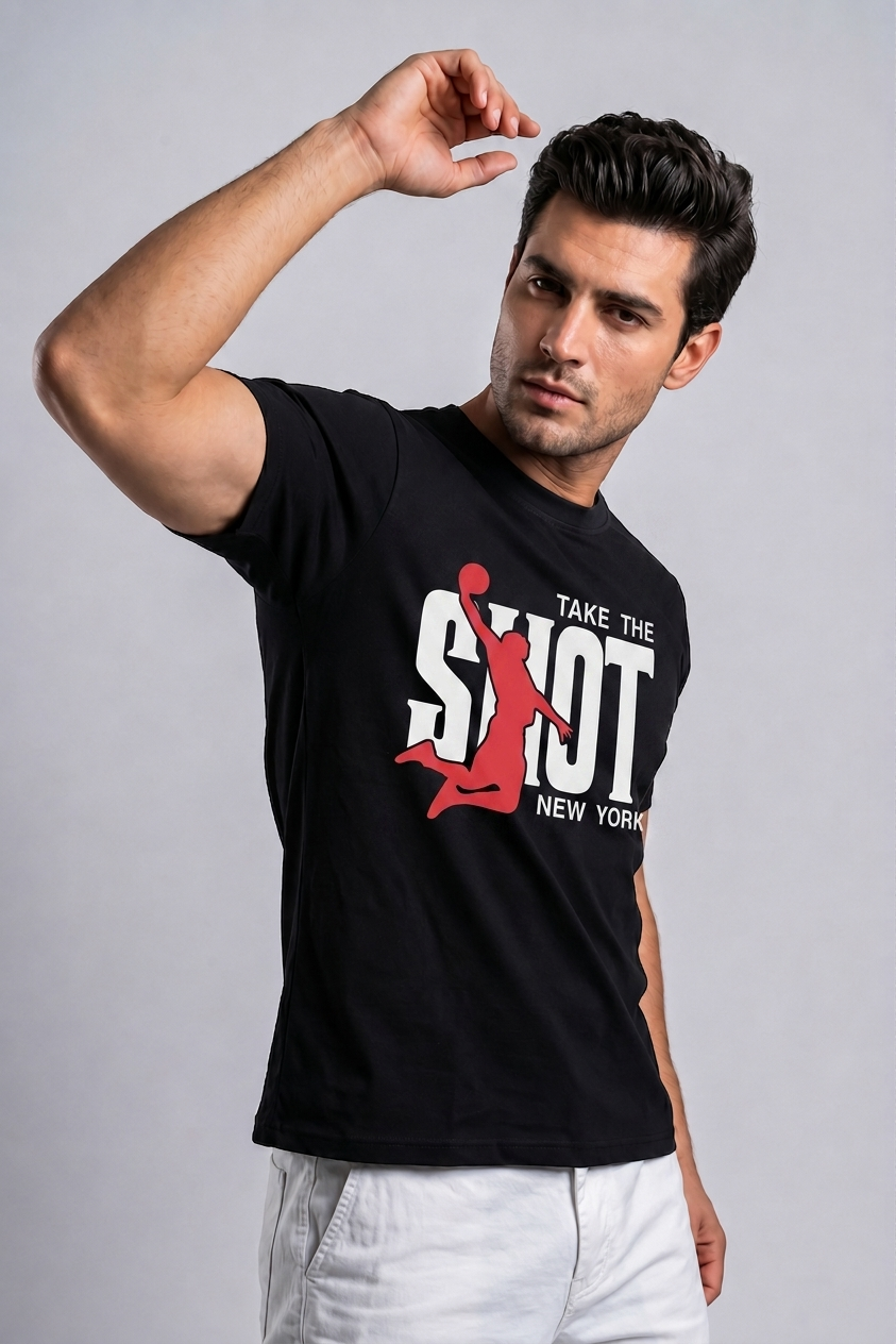 Attire Hub Mens Pure Cotton Black Take The Shot Printed Round T-Shirt