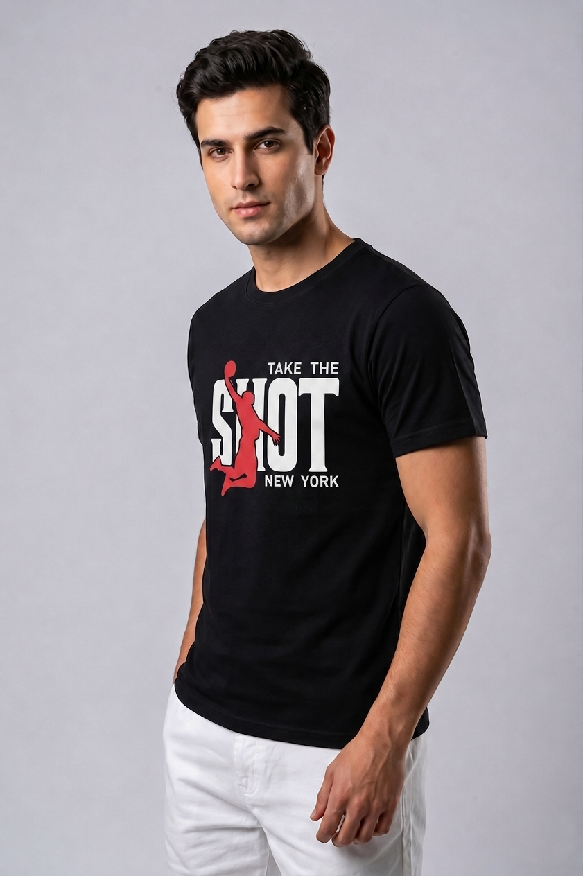 Attire Hub Mens Pure Cotton Black Take The Shot Printed Round T-Shirt