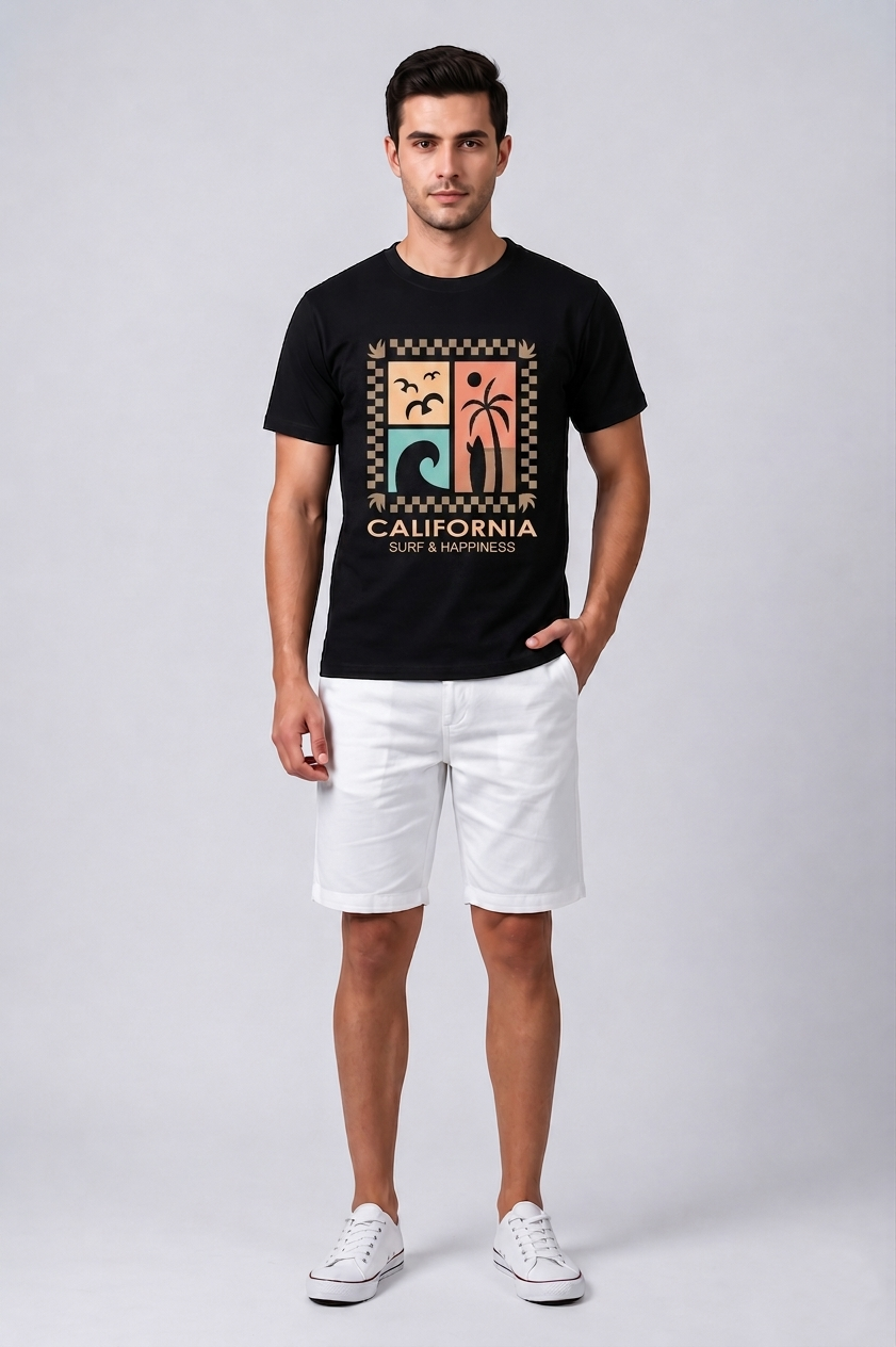 Attire Hub Mens Pure Cotton Black Long California Printed Round T-Shirt