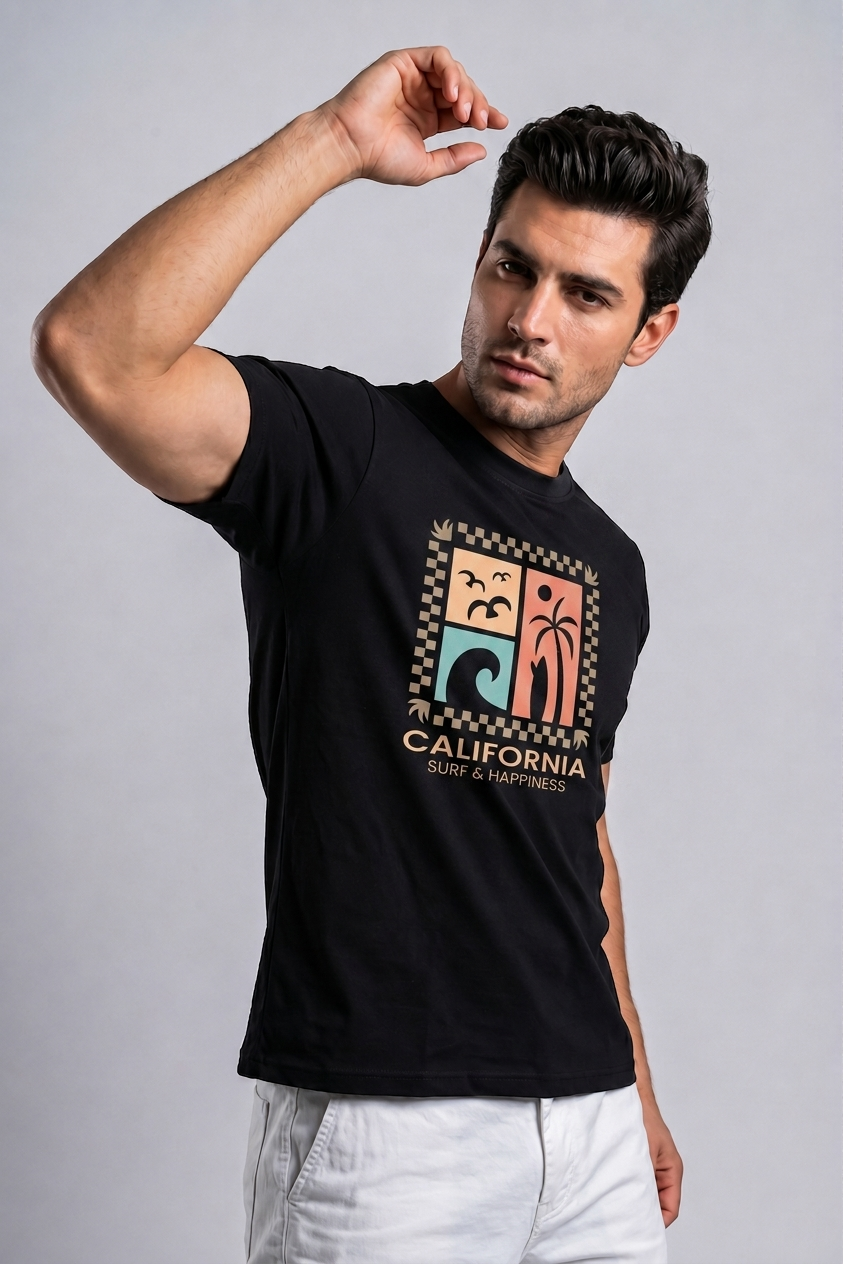 Attire Hub Mens Pure Cotton Black Long California Printed Round T-Shirt