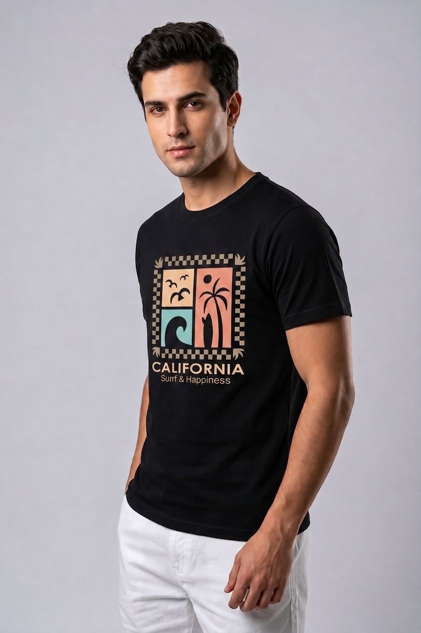 Attire Hub Mens Pure Cotton Black Long California Printed Round T-Shirt