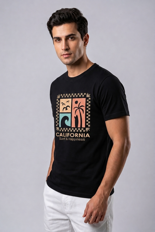 Attire Hub Mens Pure Cotton Black Long California Printed Round T-Shirt