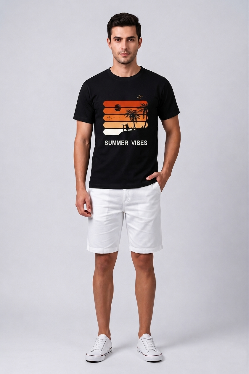 Attire Hub Mens Pure Cotton Black Sunset Summer Vibes Printed Round T-Shirt