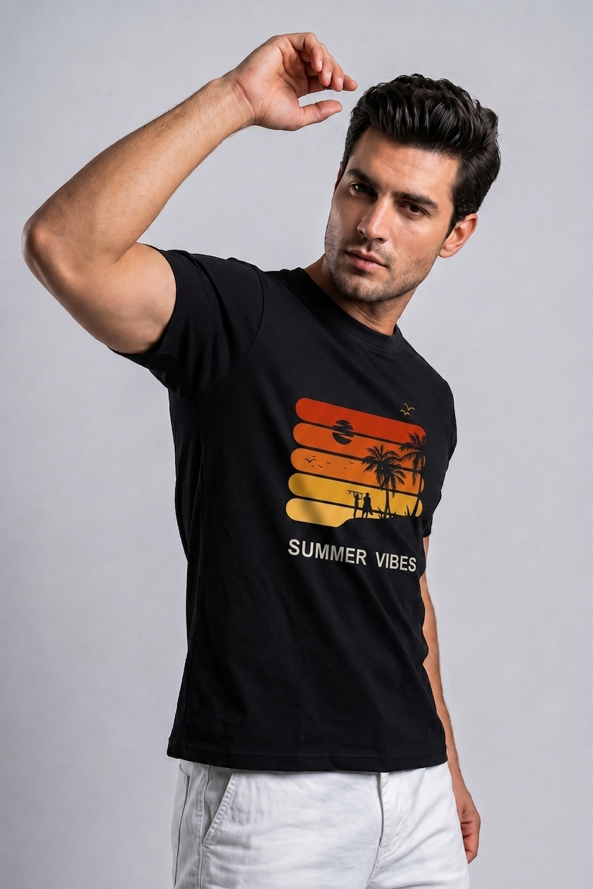Attire Hub Mens Pure Cotton Black Sunset Summer Vibes Printed Round T-Shirt