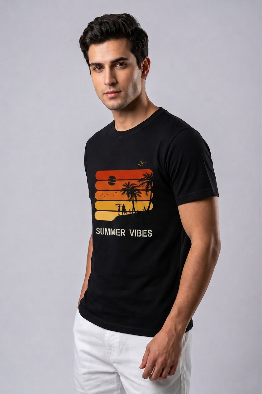 Attire Hub Mens Pure Cotton Black Sunset Summer Vibes Printed Round T-Shirt