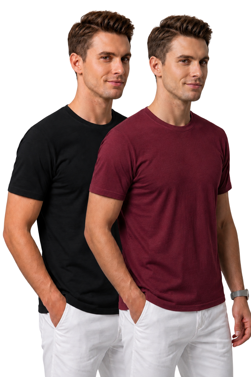 Attire Hub Mens Pure Cotton Multi Pack Solid Round T-Shirt (Pack of 2)