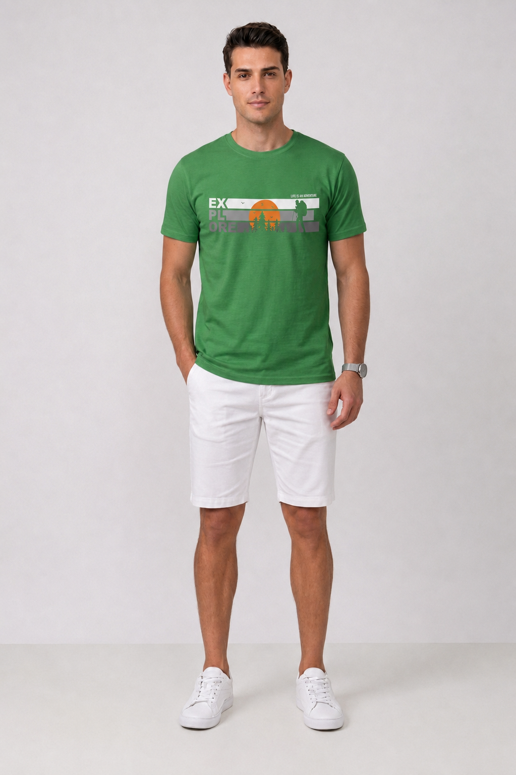 Attire Hub Mens Pure Cotton Grass Green Explore Printed Round T-Shirt