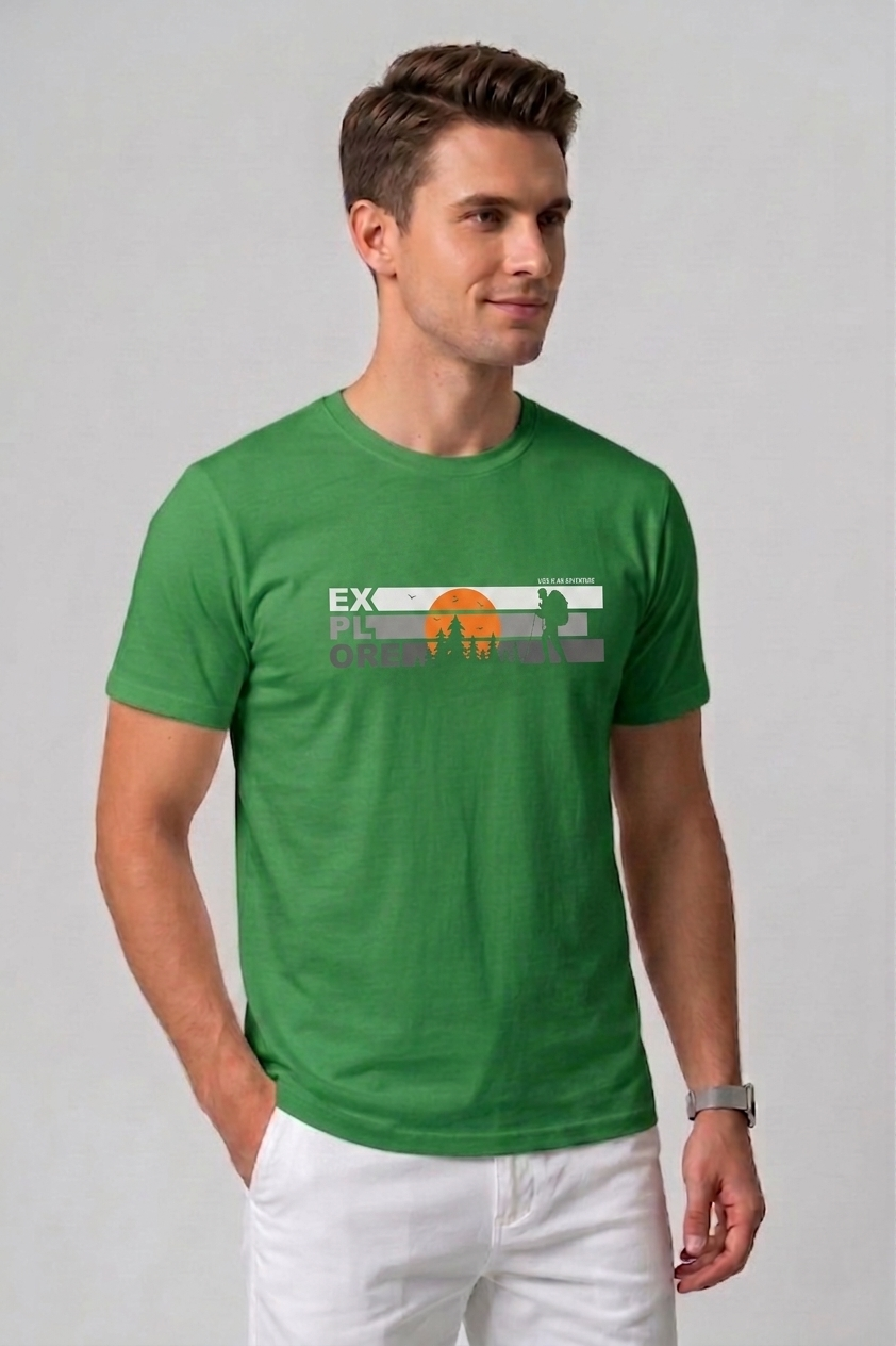 Attire Hub Mens Pure Cotton Grass Green Explore Printed Round T-Shirt