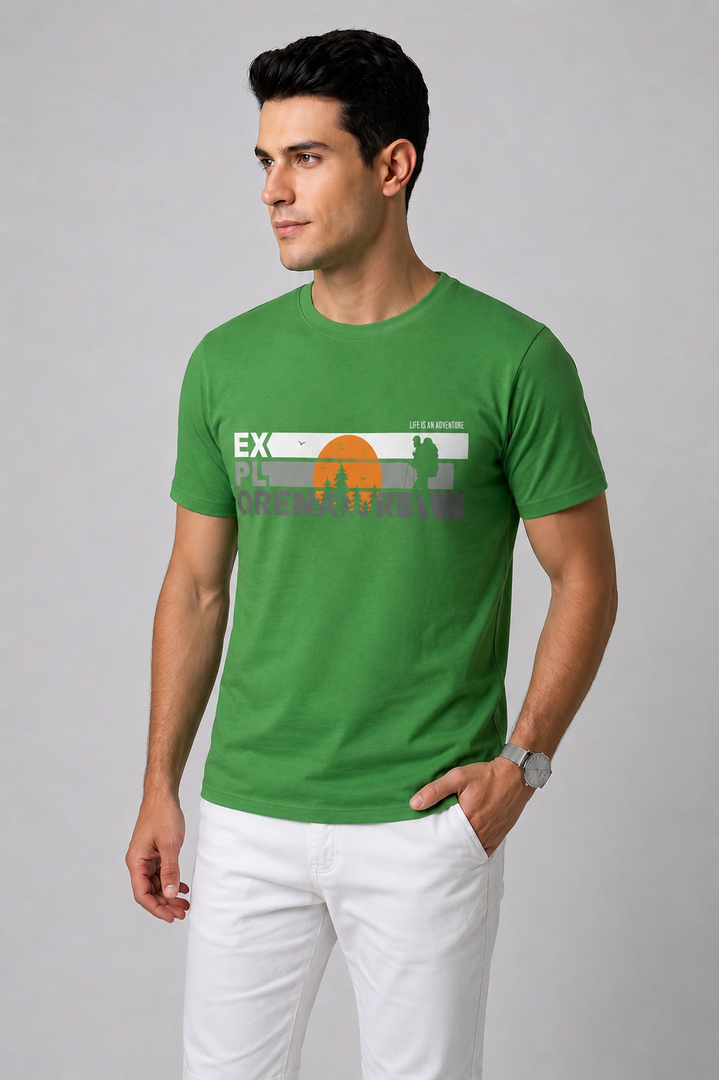 Attire Hub Mens Pure Cotton Grass Green Explore Printed Round T-Shirt