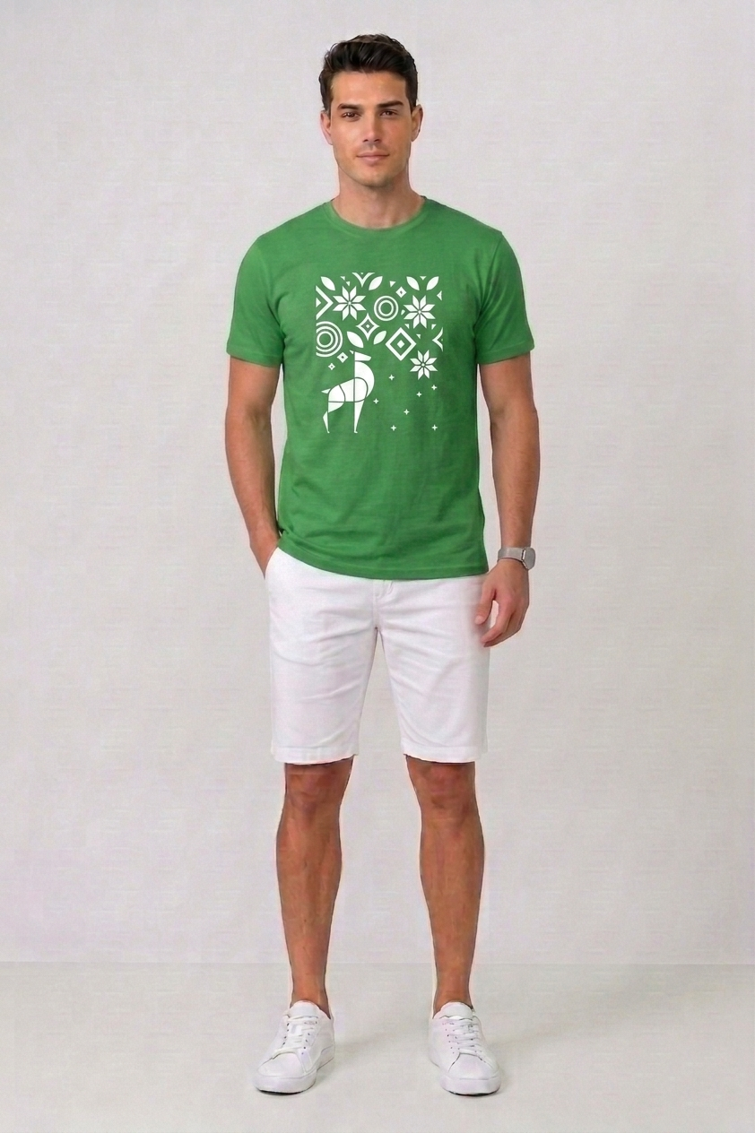 Attire Hub Mens Pure Cotton Grass Green Geomatric Deer Printed Round T-Shirt