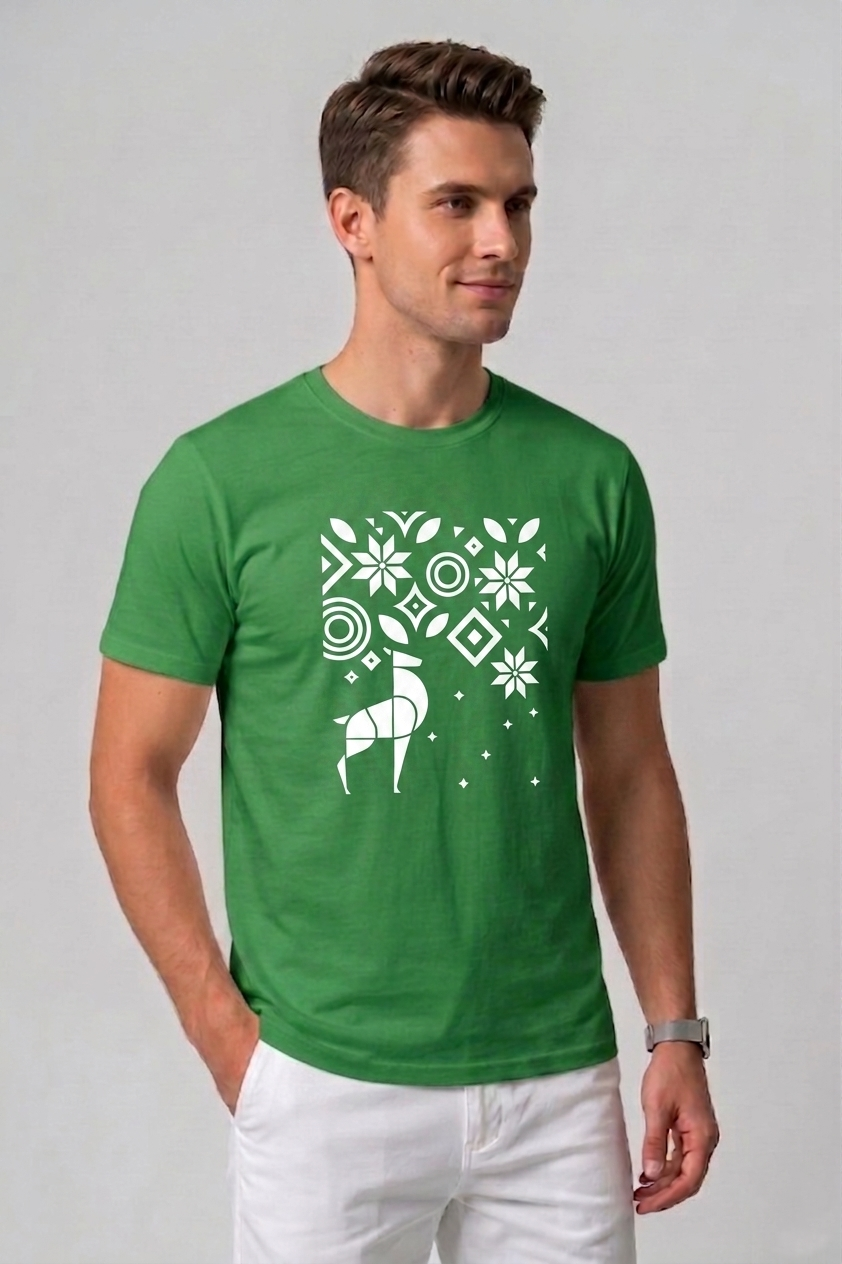 Attire Hub Mens Pure Cotton Grass Green Geomatric Deer Printed Round T-Shirt