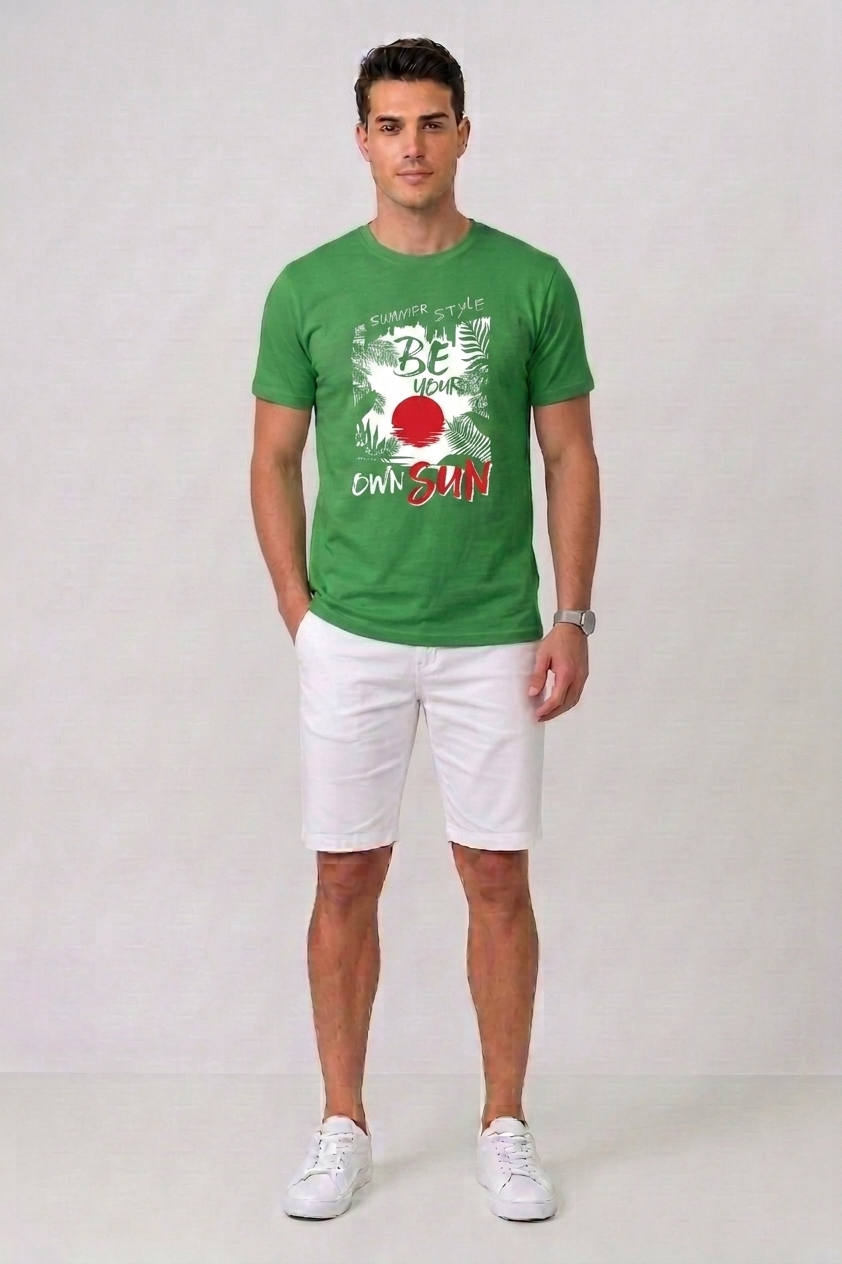 Attire Hub Mens Pure Cotton Grass Green Summer Style Printed Round T-Shirt