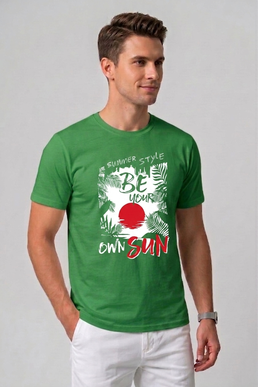 Attire Hub Mens Pure Cotton Grass Green Summer Style Printed Round T-Shirt
