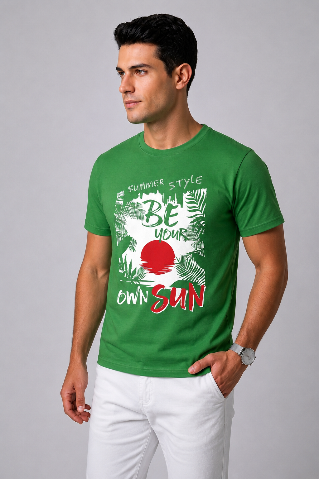 Attire Hub Mens Pure Cotton Grass Green Summer Style Printed Round T-Shirt
