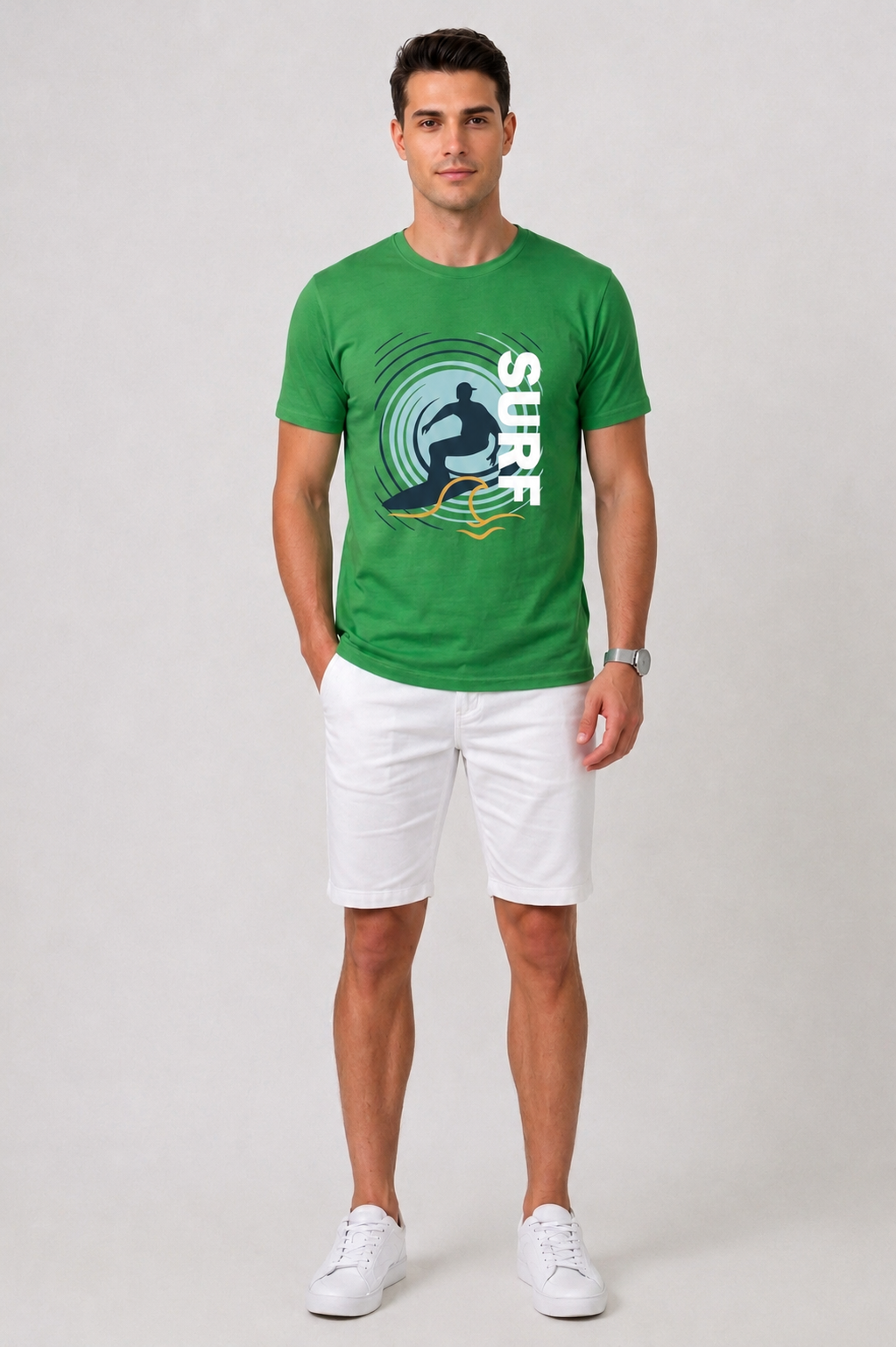 Attire Hub Mens Pure Cotton Grass Green Surf Printed Round T-Shirt