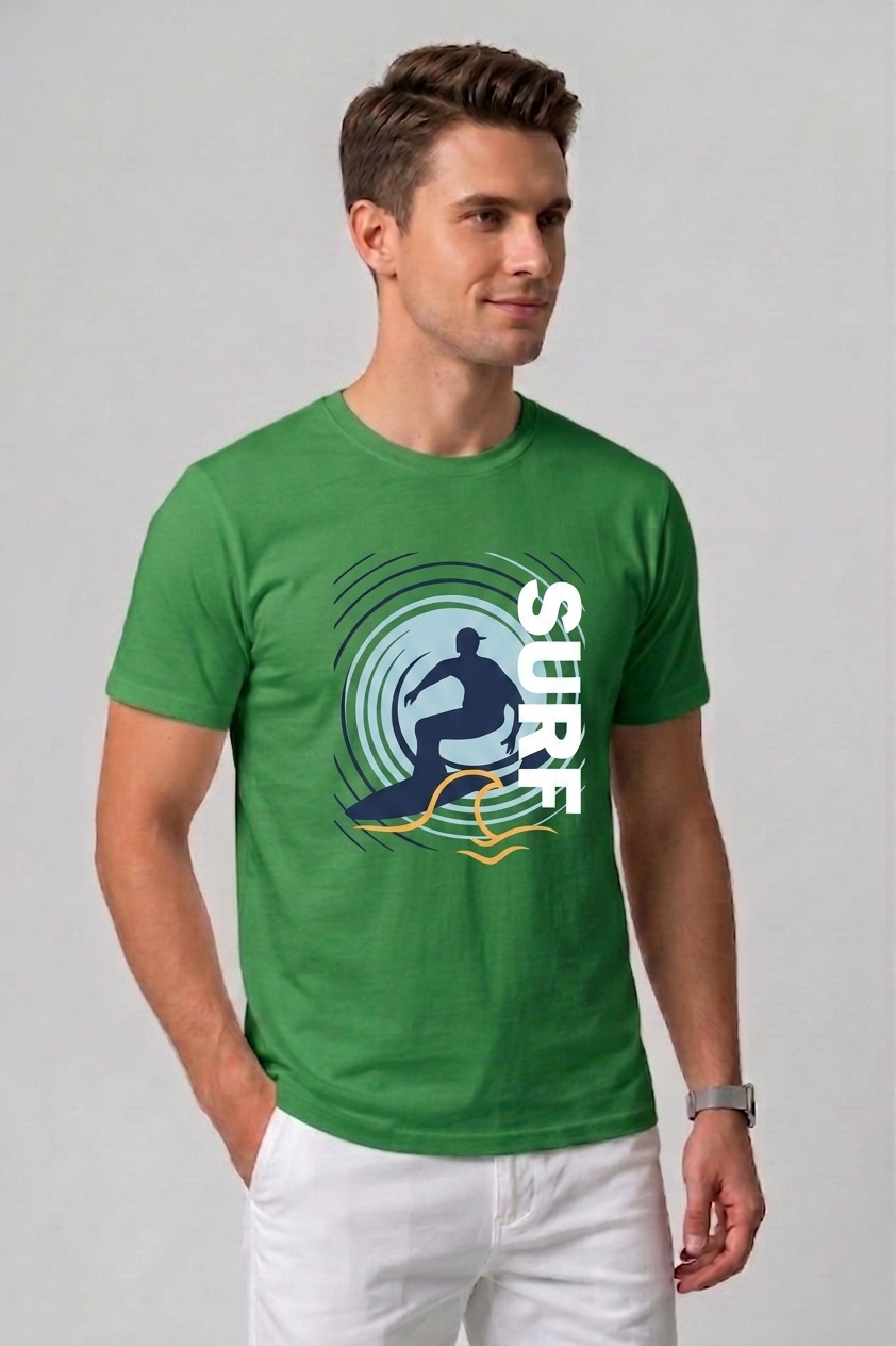 Attire Hub Mens Pure Cotton Grass Green Surf Printed Round T-Shirt