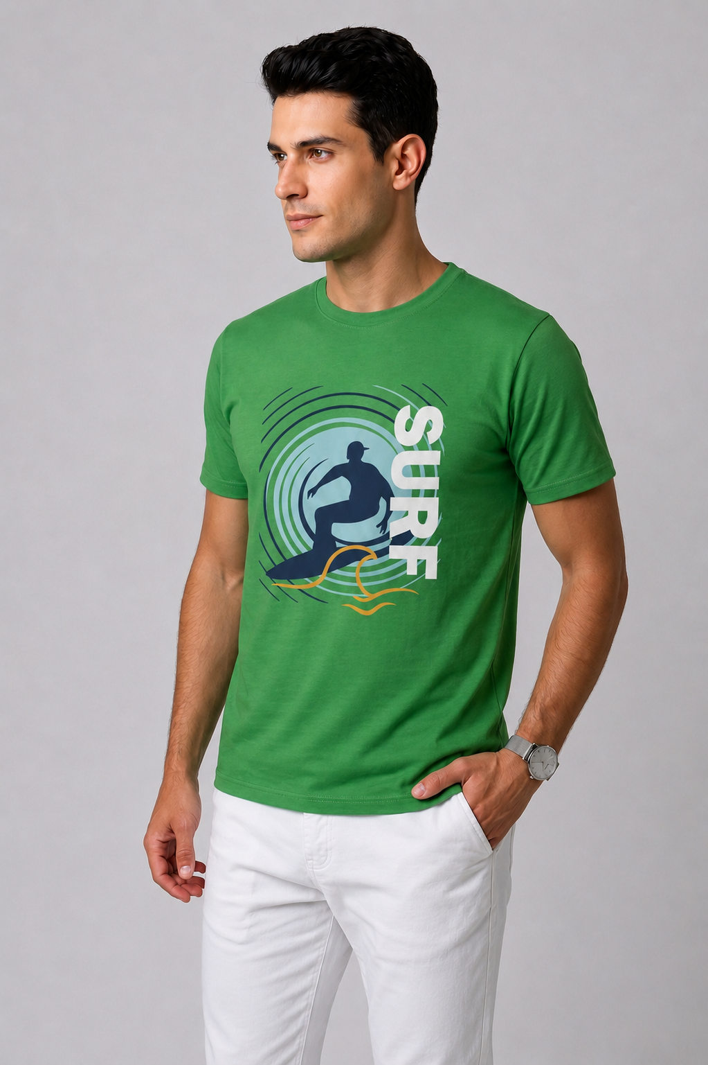 Attire Hub Mens Pure Cotton Grass Green Surf Printed Round T-Shirt