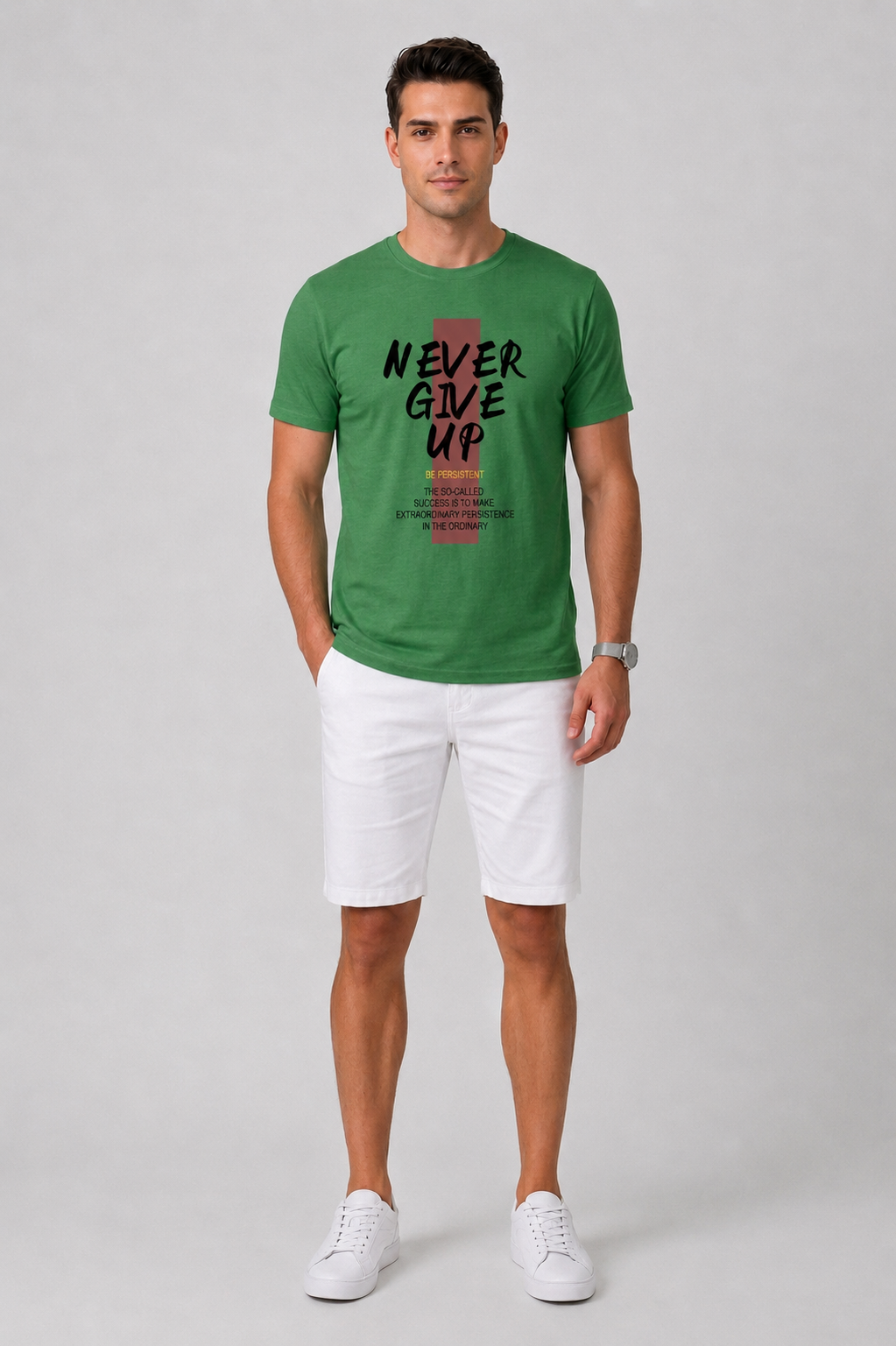 Attire Hub Mens Pure Cotton Grass Green Neva Give Up Printed Round T-Shirt