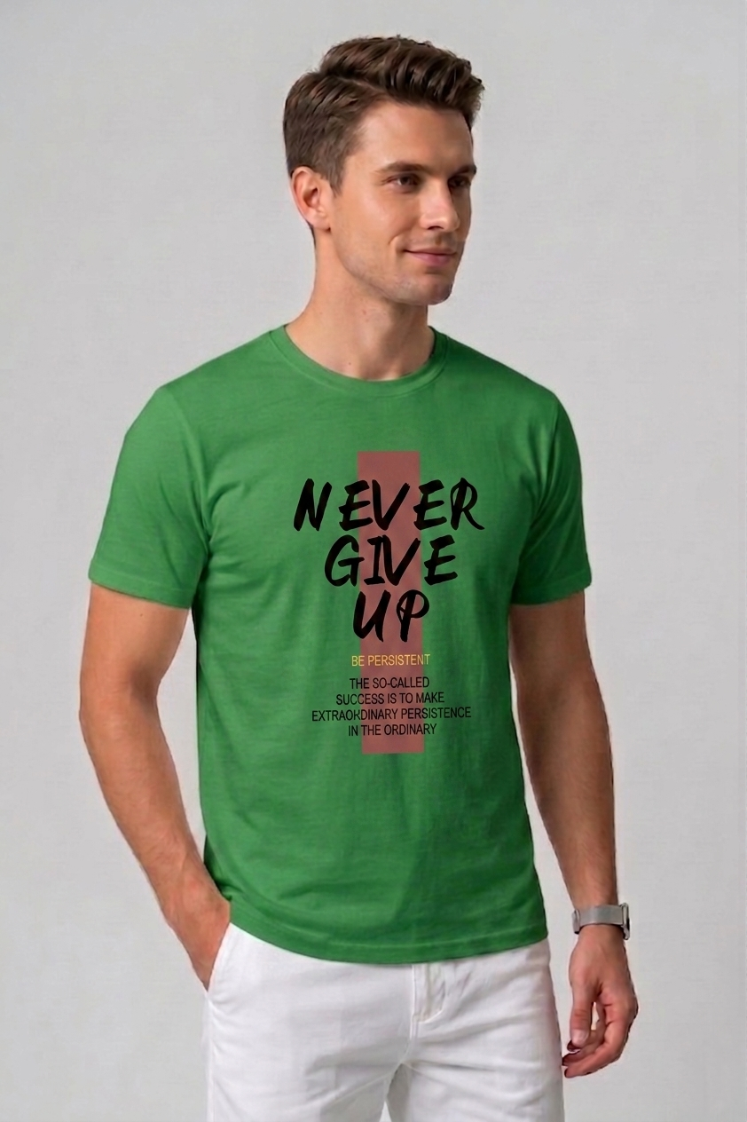 Attire Hub Mens Pure Cotton Grass Green Neva Give Up Printed Round T-Shirt