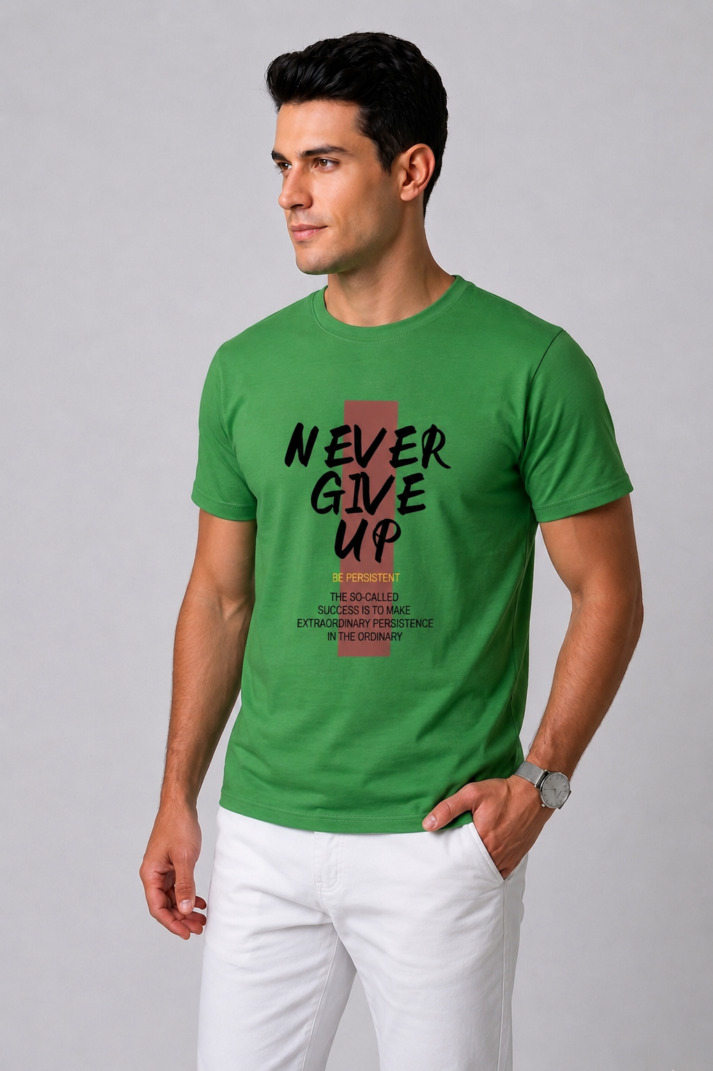 Attire Hub Mens Pure Cotton Grass Green Neva Give Up Printed Round T-Shirt