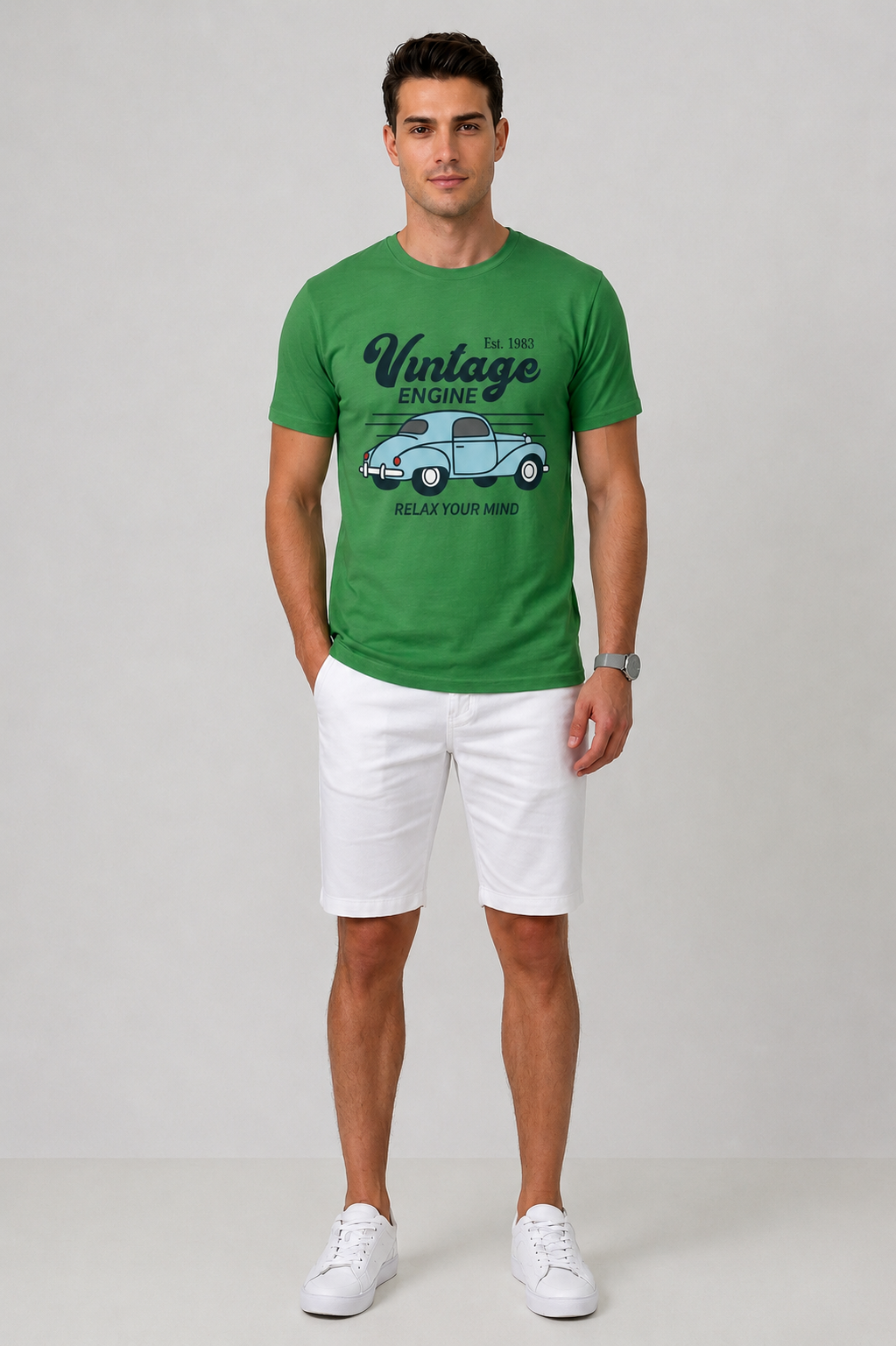Attire Hub Mens Pure Cotton Grass Green Vintage Engine Printed Round T-Shirt