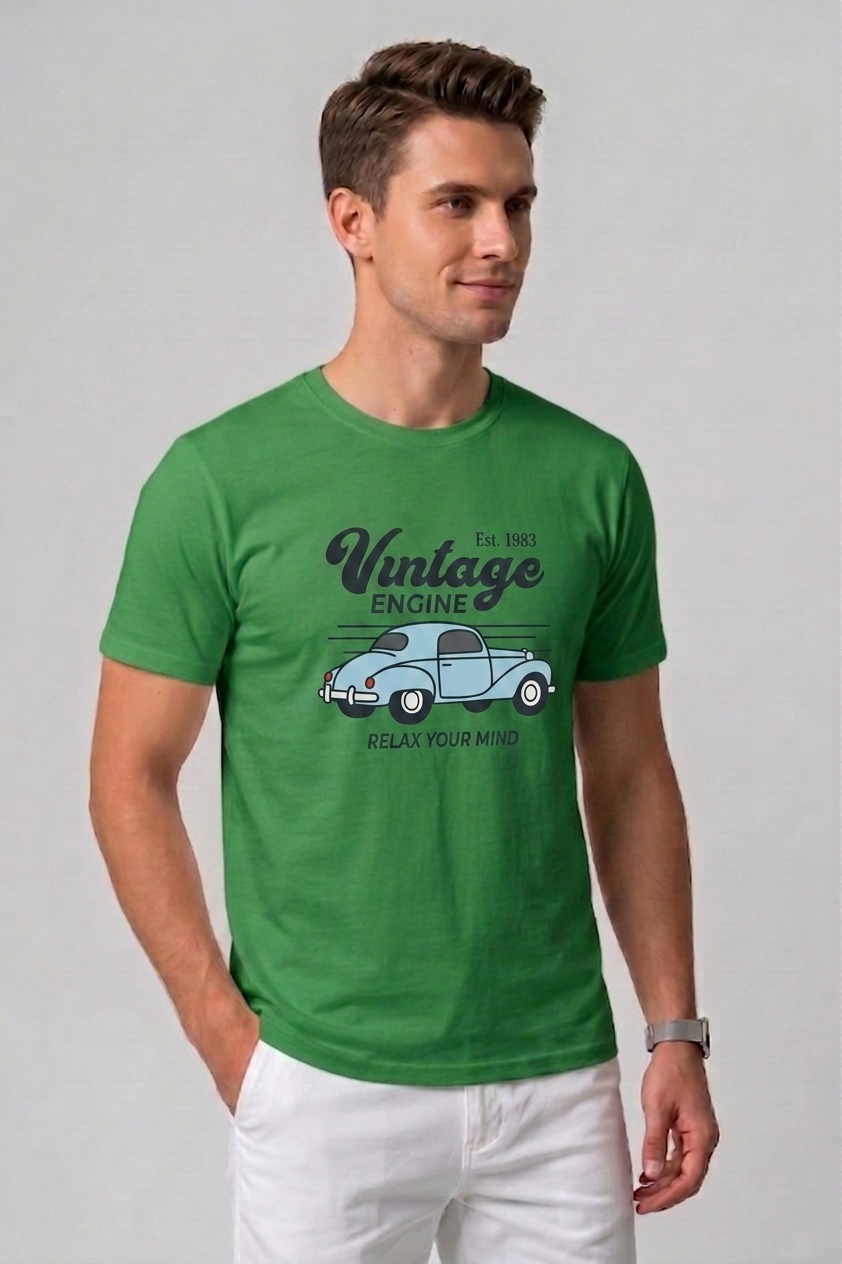 Attire Hub Mens Pure Cotton Grass Green Vintage Engine Printed Round T-Shirt