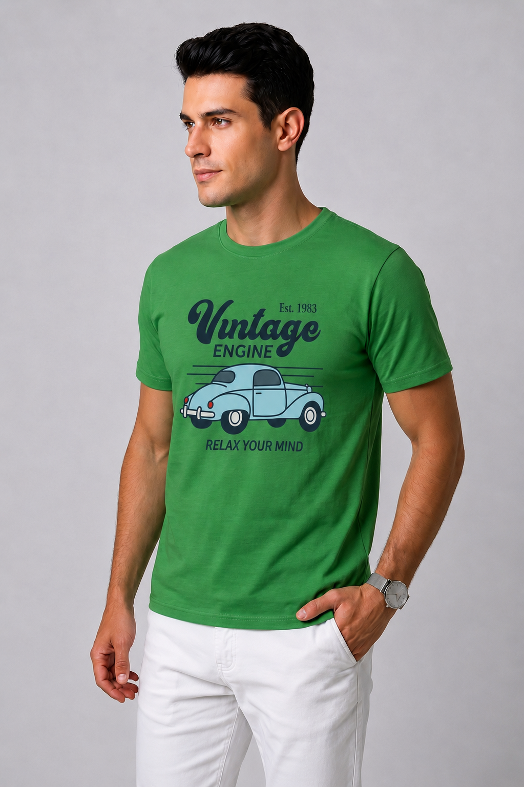 Attire Hub Mens Pure Cotton Grass Green Vintage Engine Printed Round T-Shirt