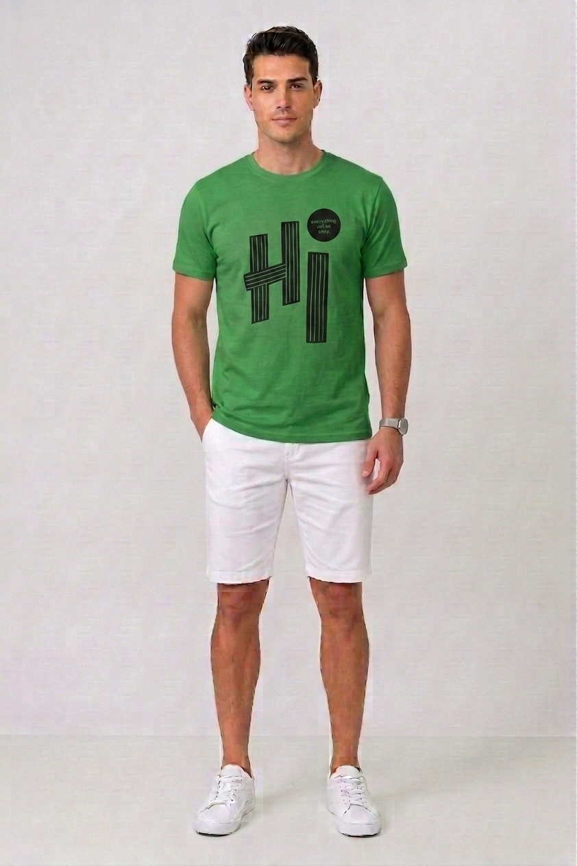 Attire Hub Mens Pure Cotton Grass Green Hi Printed Round T-Shirt