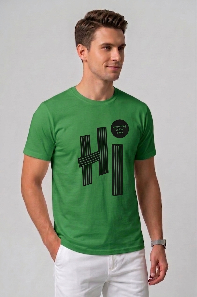 Attire Hub Mens Pure Cotton Grass Green Hi Printed Round T-Shirt