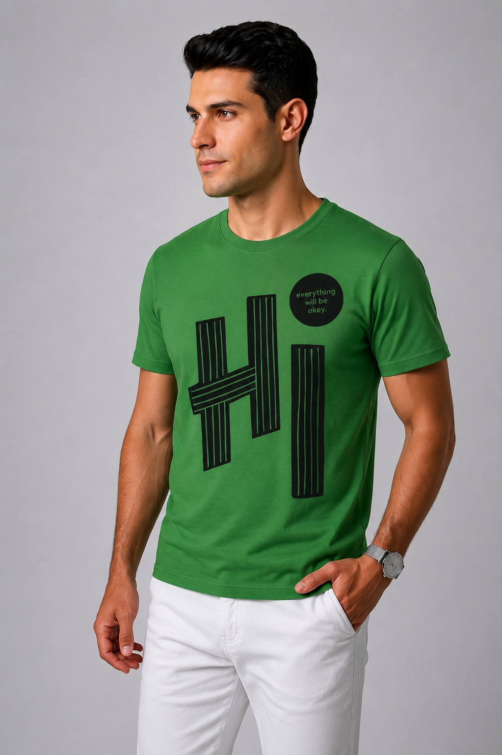 Attire Hub Mens Pure Cotton Grass Green Hi Printed Round T-Shirt