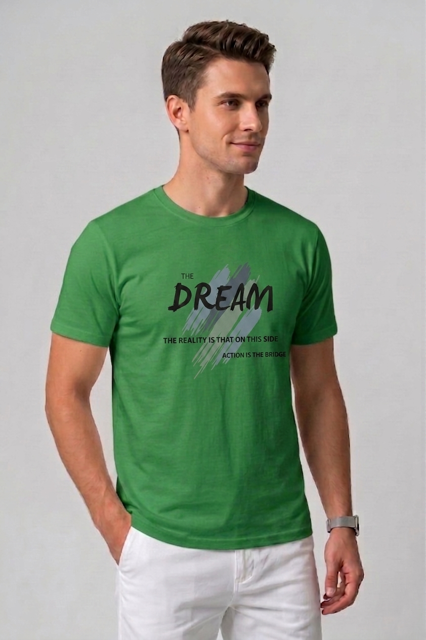Attire Hub Mens Pure Cotton Grass Green The Dream Printed Round T-Shirt