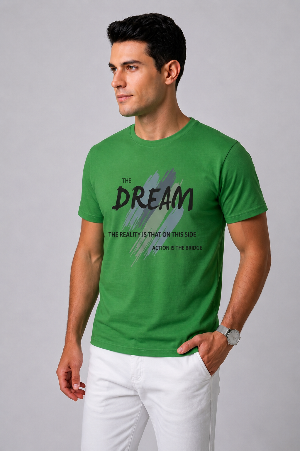 Attire Hub Mens Pure Cotton Grass Green The Dream Printed Round T-Shirt