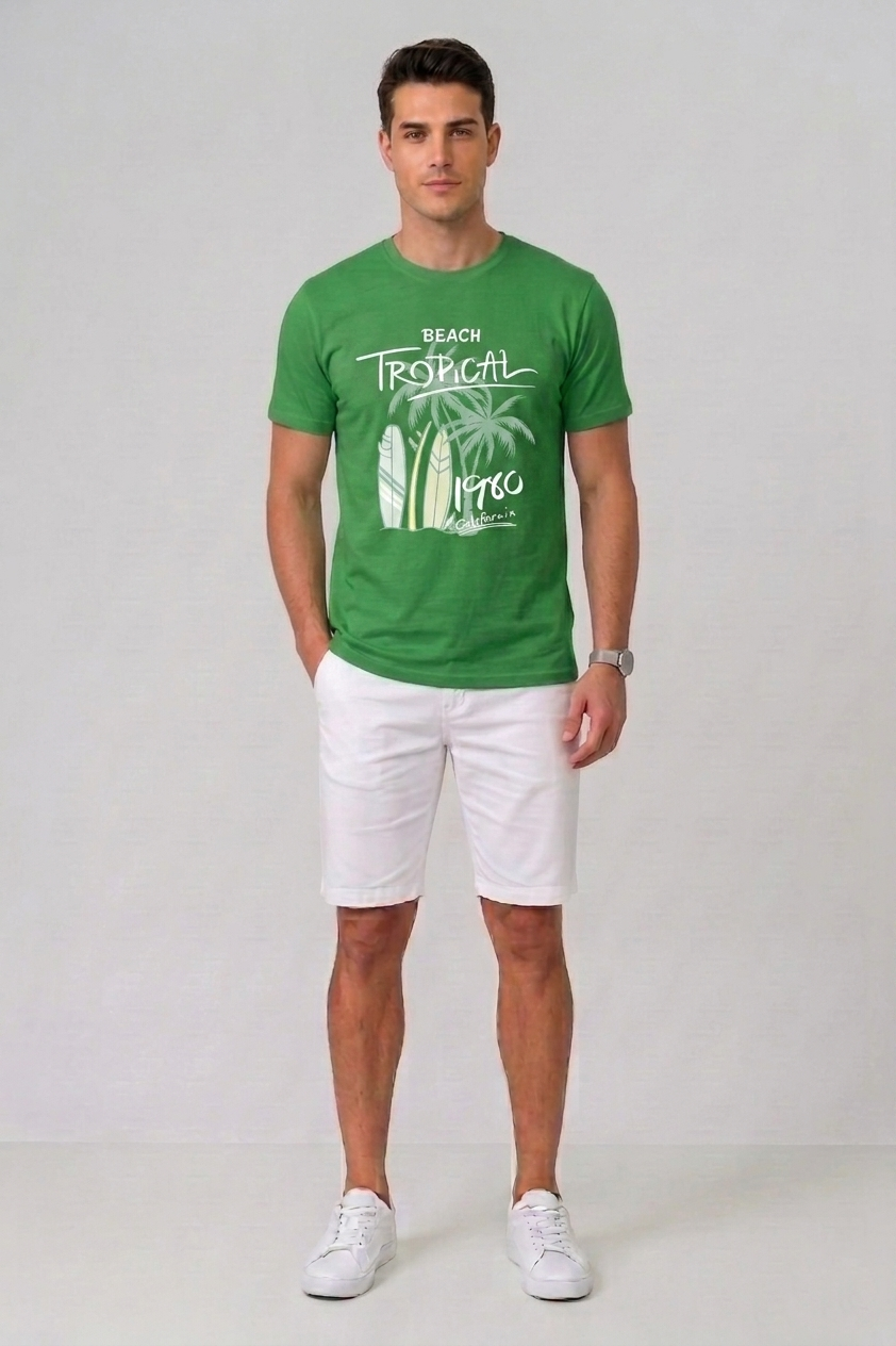 Attire Hub Mens Pure Cotton Grass Green Beach Tropical Printed Round T-Shirt