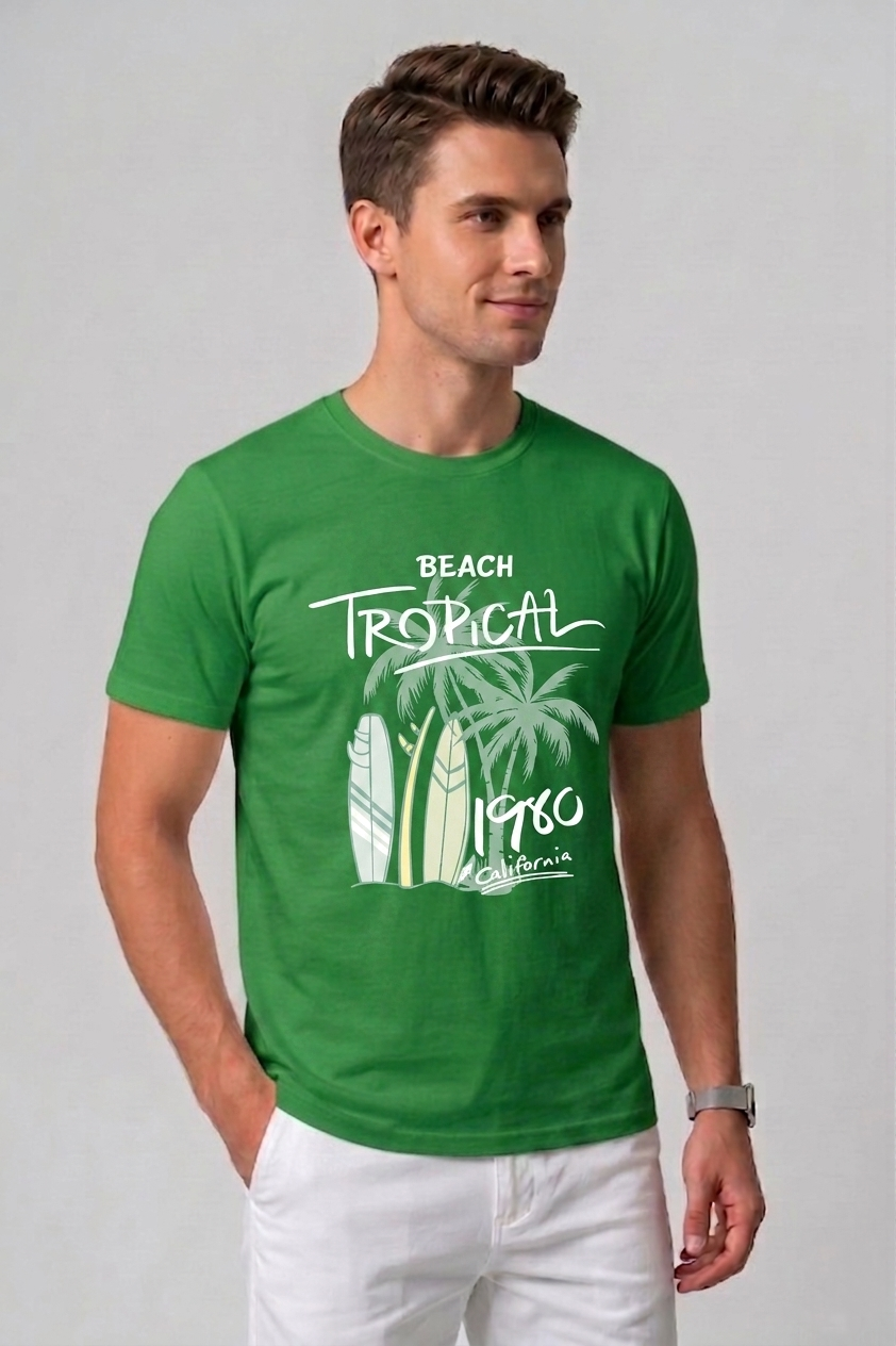 Attire Hub Mens Pure Cotton Grass Green Beach Tropical Printed Round T-Shirt