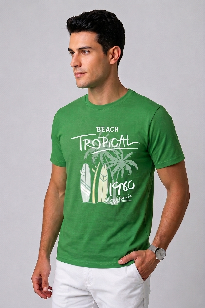 Attire Hub Mens Pure Cotton Grass Green Beach Tropical Printed Round T-Shirt