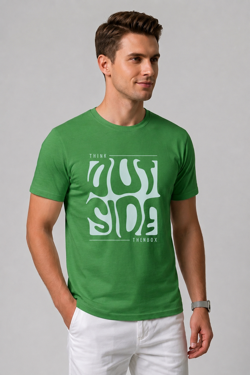 Attire Hub Mens Pure Cotton Grass Green Outside Printed Round T-Shirt