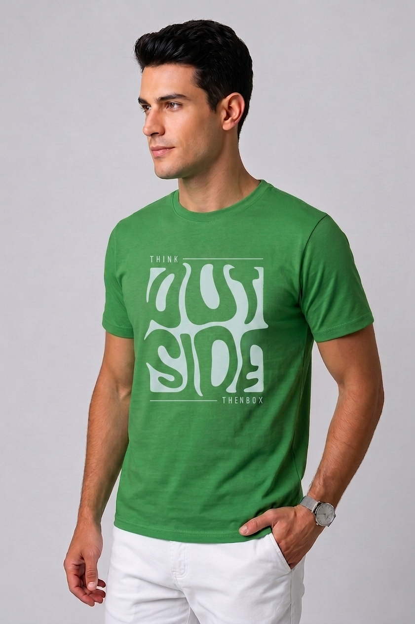 Attire Hub Mens Pure Cotton Grass Green Outside Printed Round T-Shirt
