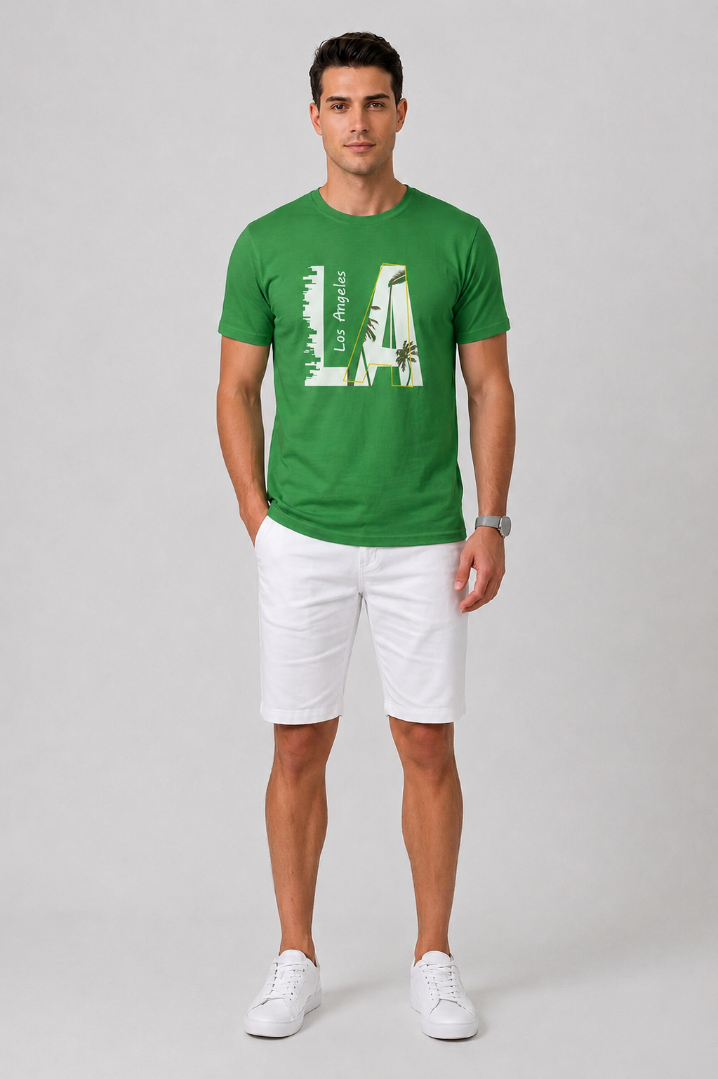 Attire Hub Mens Pure Cotton Grass Green Los Angeles Printed Round T-Shirt