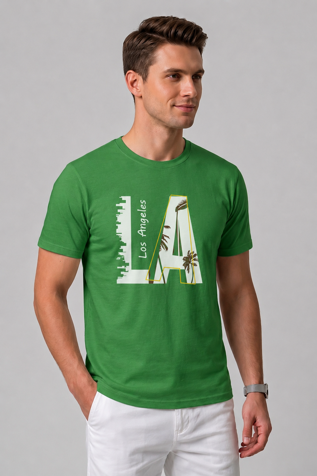 Attire Hub Mens Pure Cotton Grass Green Los Angeles Printed Round T-Shirt